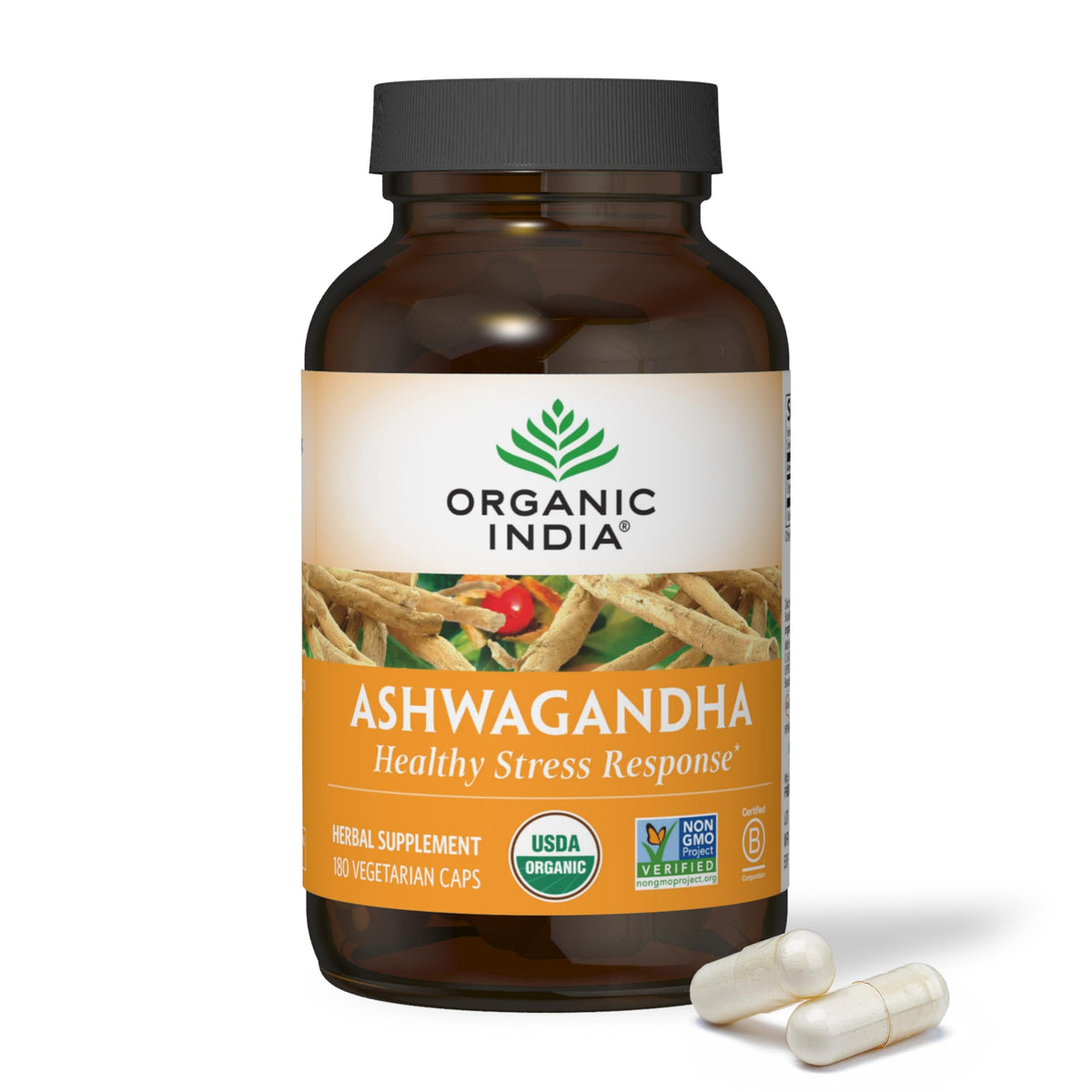 Flacon de capsules d'Ashwagandha Bio ORGANIC INDIA contenant 180 capsules