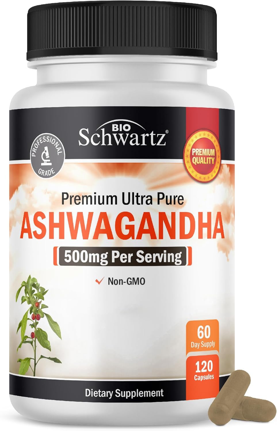 Flacon de capsules d'ashwagandha BioSchwartz 500mg, 120 comprimés