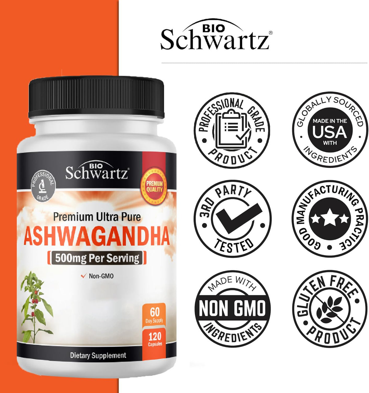 Flacon de capsules d'ashwagandha BioSchwartz avec dosage indiqué
