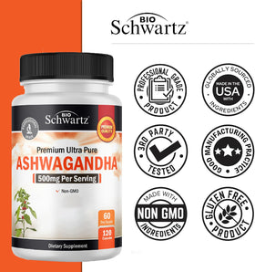 Flacon de capsules d'ashwagandha BioSchwartz avec dosage indiqué