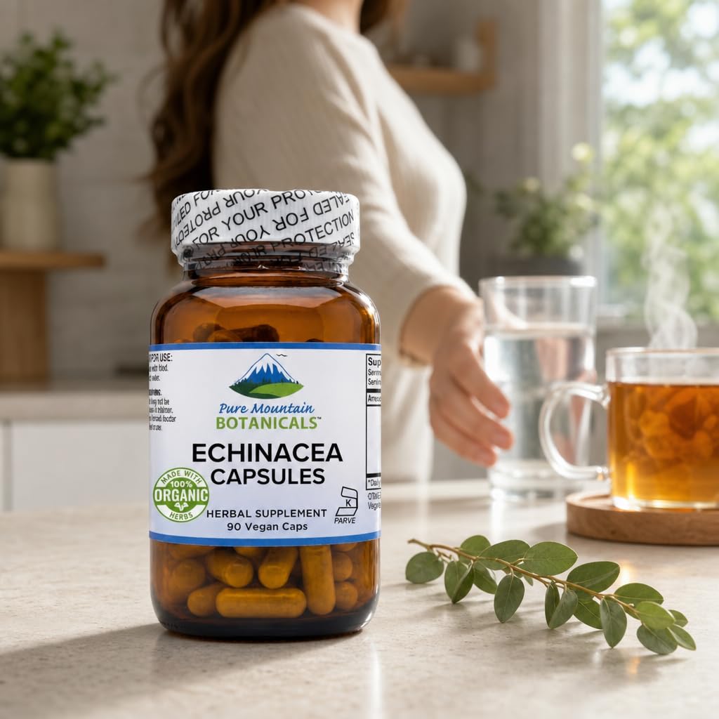 Flacon de capsules d'Echinacea sur une surface en bois