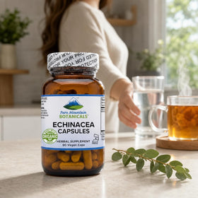 Flacon de capsules d'Echinacea sur une surface en bois