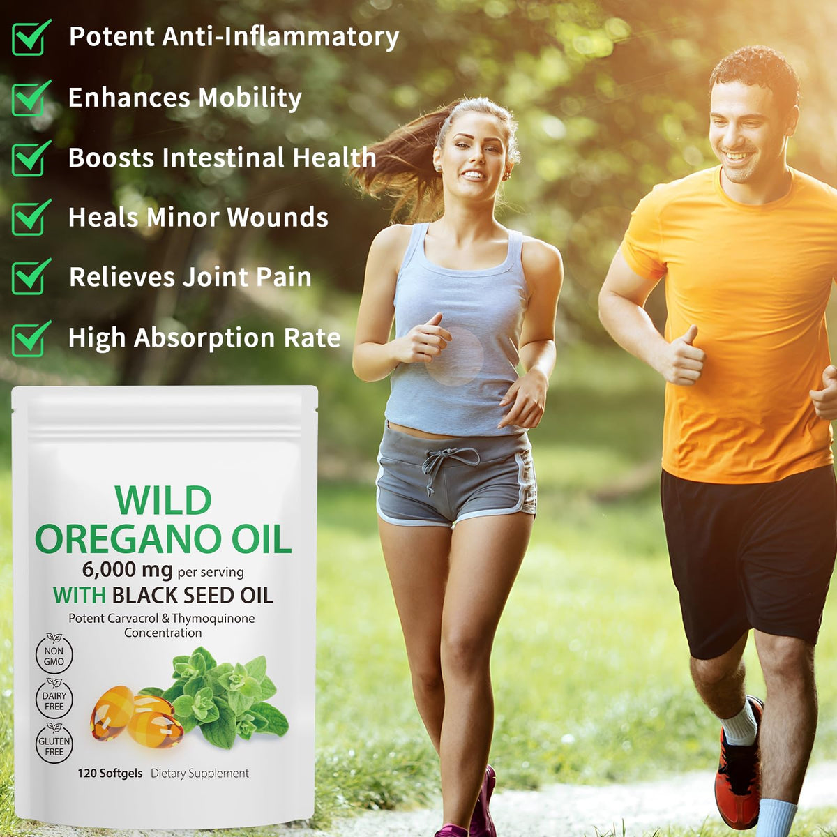 Flacon de capsules d'huile d'origan Tooffi sur une table