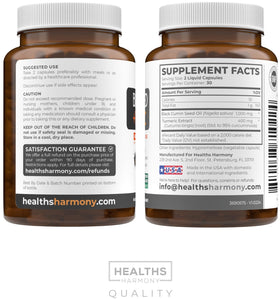 Flacon de capsules d'huile de graine noire Healths Harmony ouvert