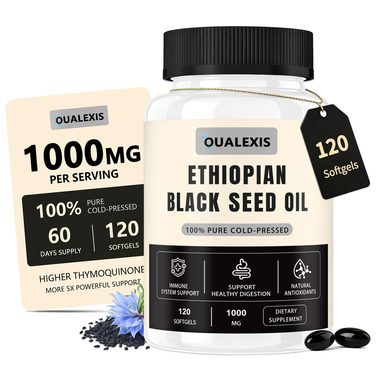 Flacon de capsules d'huile de graines noires QualExis, 120 unités
