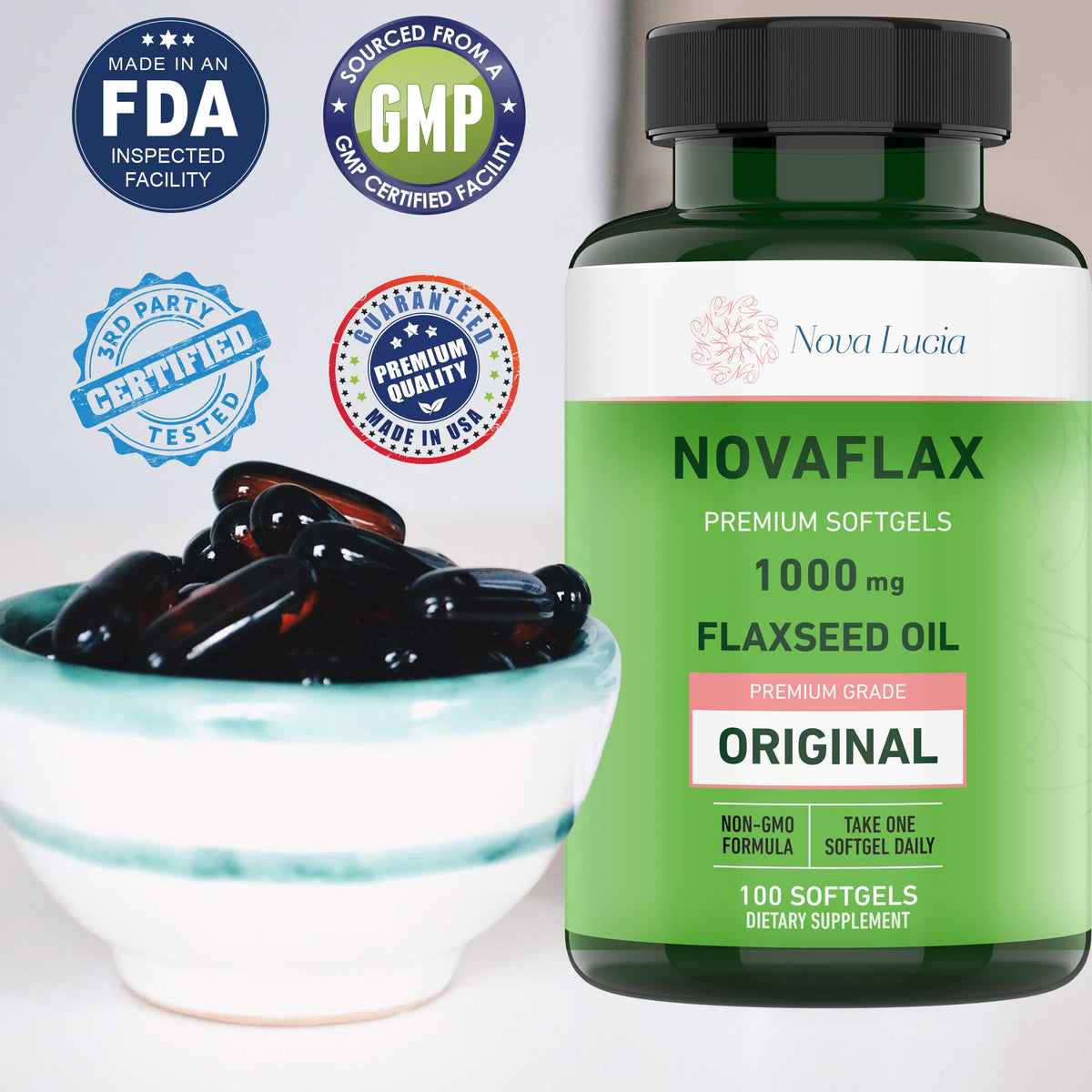 Flacon de Capsules d'Huile de Lin Nova Lucia - 100 softgels