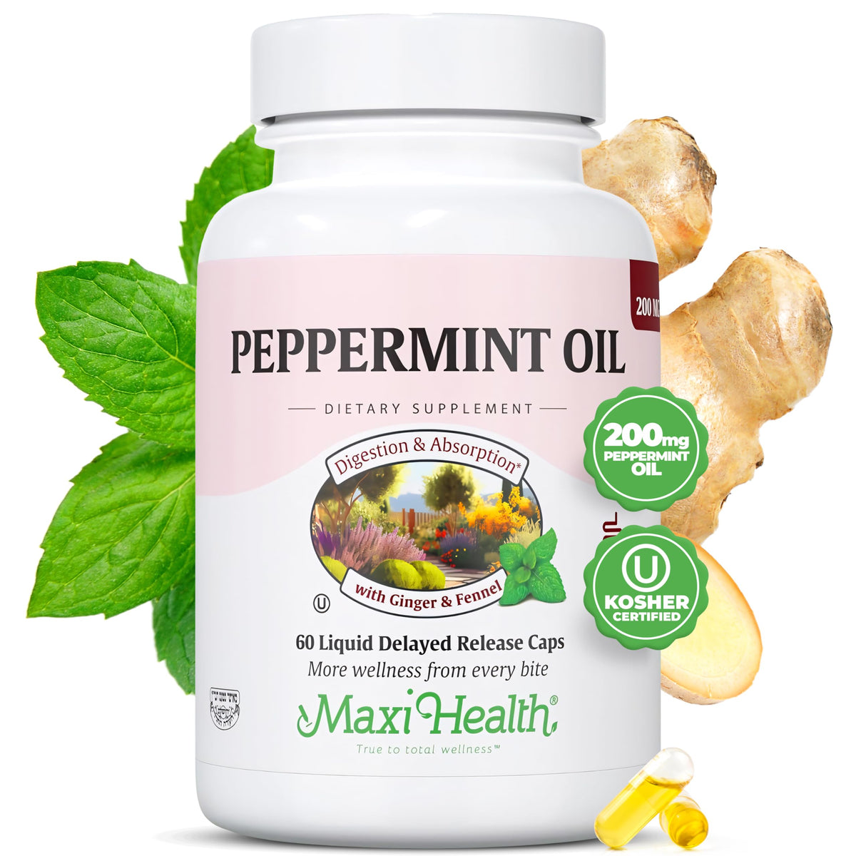 Flacon de capsules d'huile de menthe poivrée Maxi Health avec 60 capsules