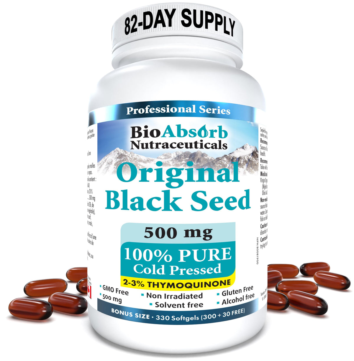 Flacon de capsules d'huile de nigelle Bio Absorb 330 softgels