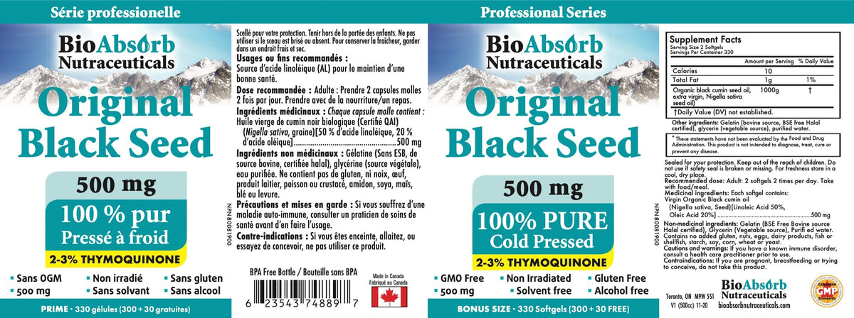 Flacon de capsules d'huile de nigelle Bio Absorb ouvert