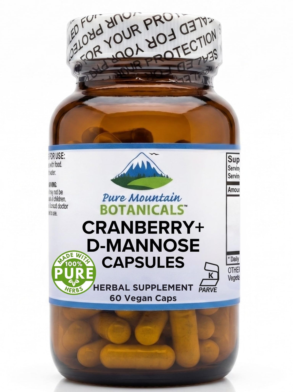 Flacon de capsules D Mannose 1000mg avec cranberry, vue de face
