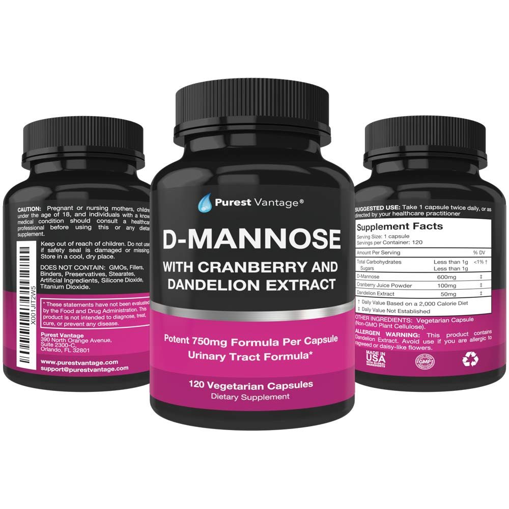 Flacon de capsules D-Mannose 600mg Purest Vantage, ouvert avec capsules
