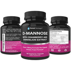Flacon de capsules D-Mannose 600mg Purest Vantage, ouvert avec capsules