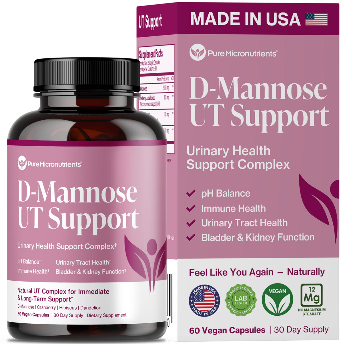 Flacon de capsules D-Mannose 900mg avec canneberge de Pure Micronutrients