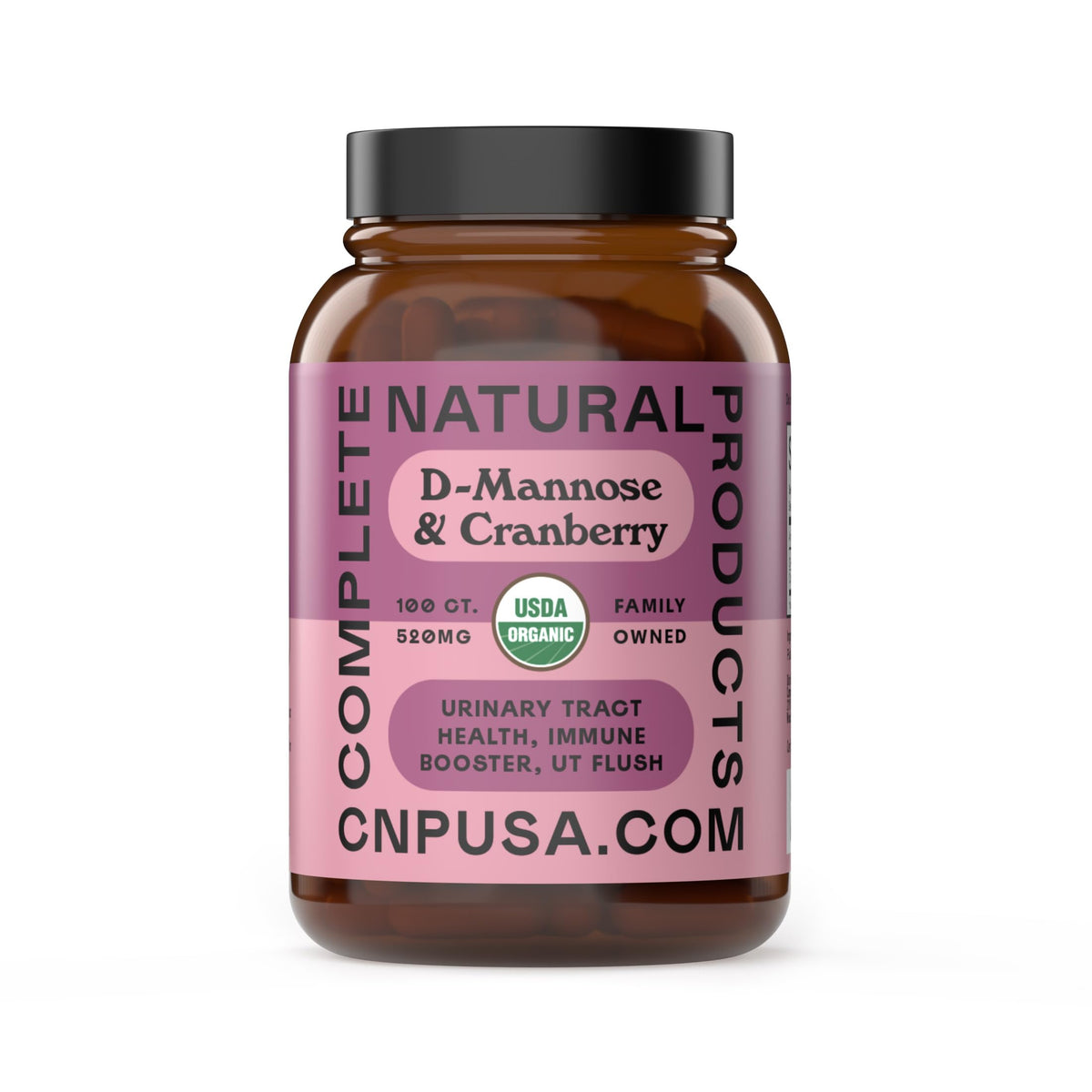 Flacon de capsules D Mannose Cranberry 520mg vue avant