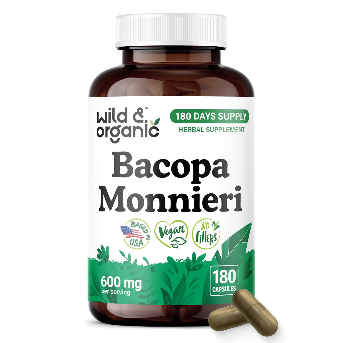 Flacon de capsules de Bacopa Monnieri Wild & Organic 600 mg vue de face