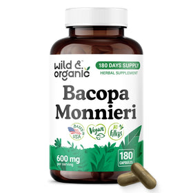 Flacon de capsules de Bacopa Monnieri Wild & Organic 600 mg vue de face