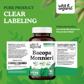 Flacon de capsules de bacopa monnieri Wild & Organic sur fond blanc