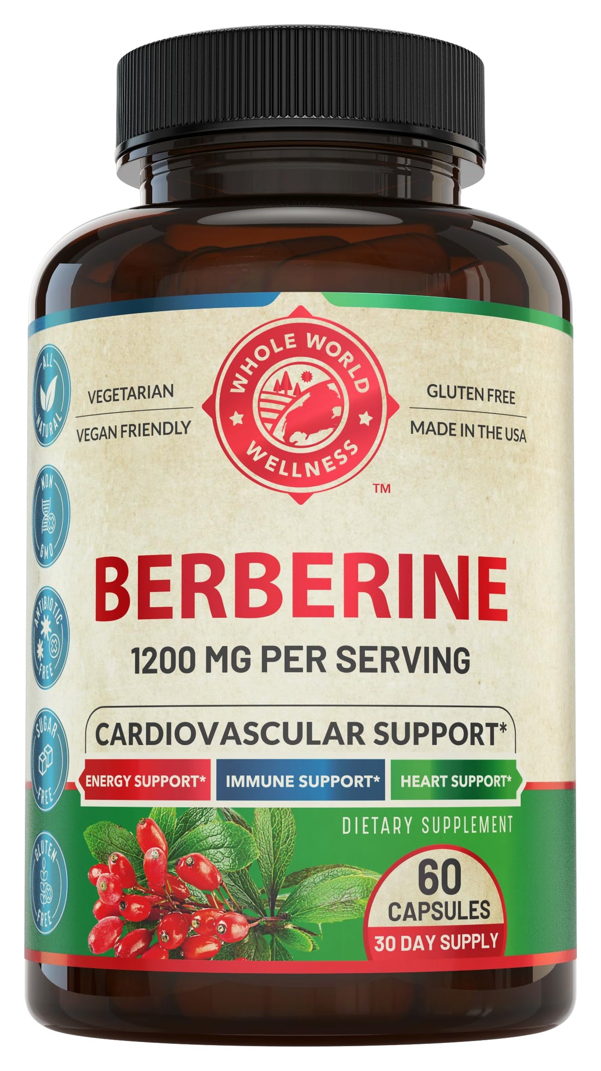 Flacon de capsules de berbérine 1200mg de WHOLE WORLD WELLNESS