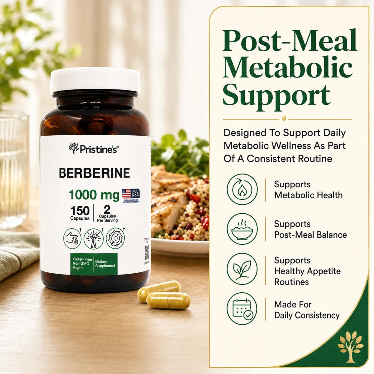 Flacon de capsules de berbérine PRISTINE'S 1000mg avec étiquette