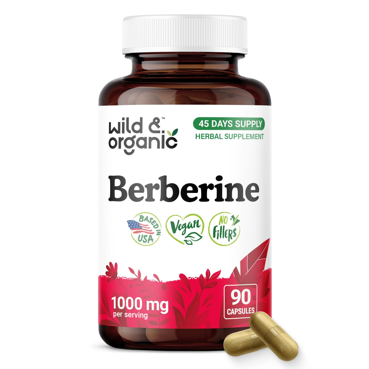 Flacon de capsules de berbérine Wild & Organic 1000 mg, vue de face