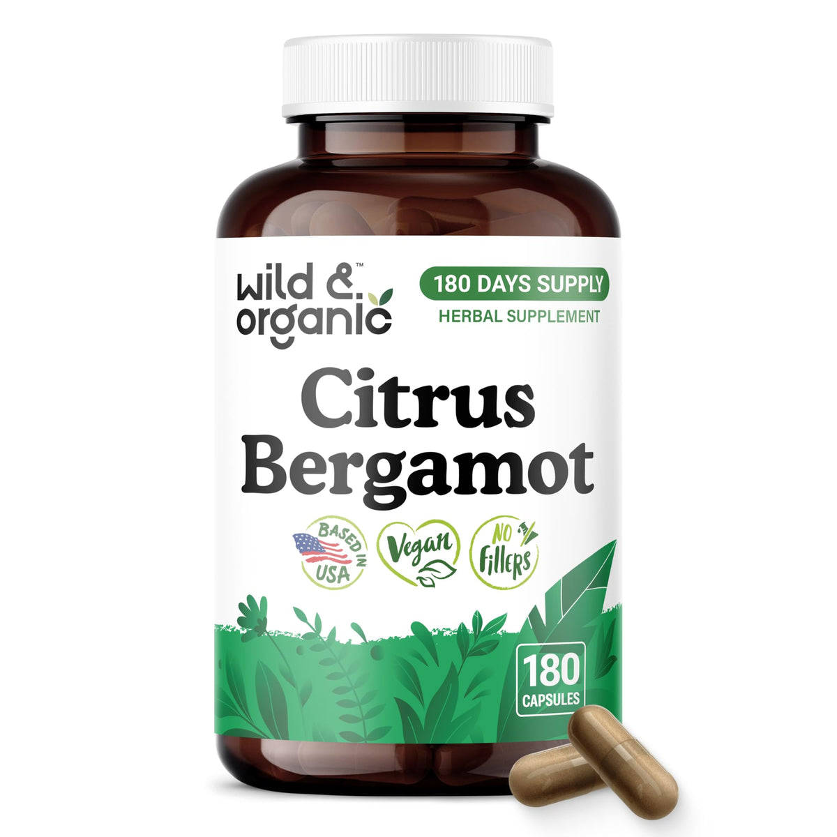 Flacon de capsules de bergamote agrumes Wild & Organic vue de face