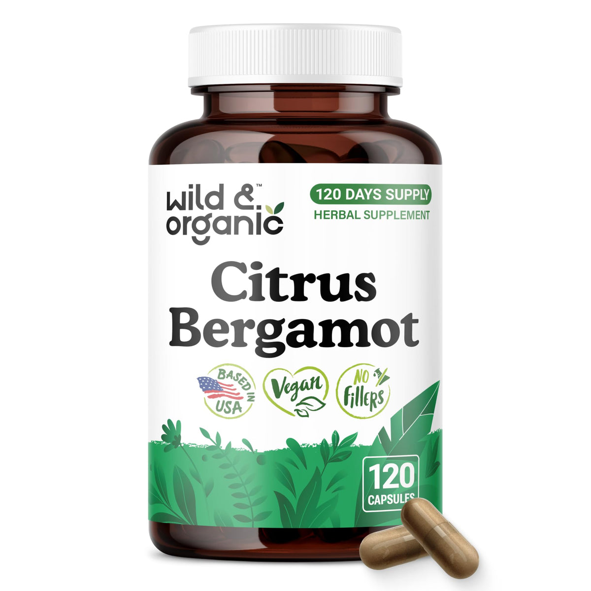 Flacon de capsules de bergamote citron Wild & Organic, vue de face