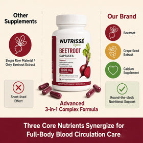 Flacon de capsules de betterave Nutrisse Organic sur une table