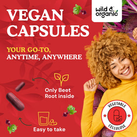 Flacon de capsules de betterave Wild & Organic ouvert avec capsules