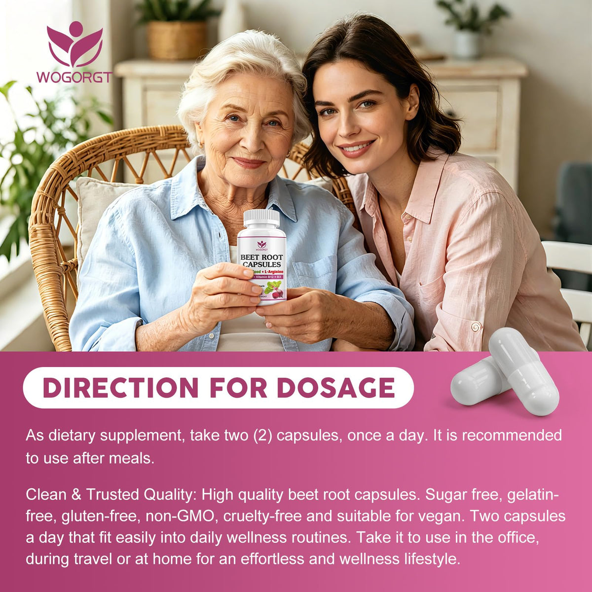 Flacon de capsules de betterave WOGORGT avec en arrière-plan un mode de vie actif