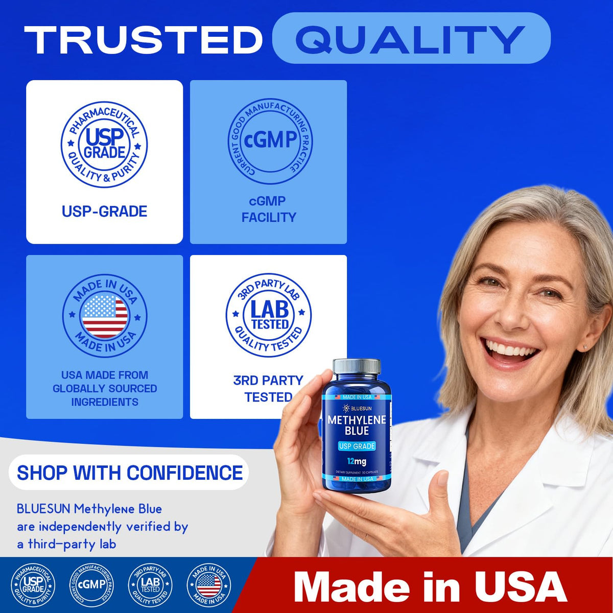 Flacon de Capsules de Bleu de Méthylène Bluesun avec une main tenant une capsule