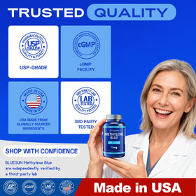 Flacon de Capsules de Bleu de Méthylène Bluesun avec une main tenant une capsule
