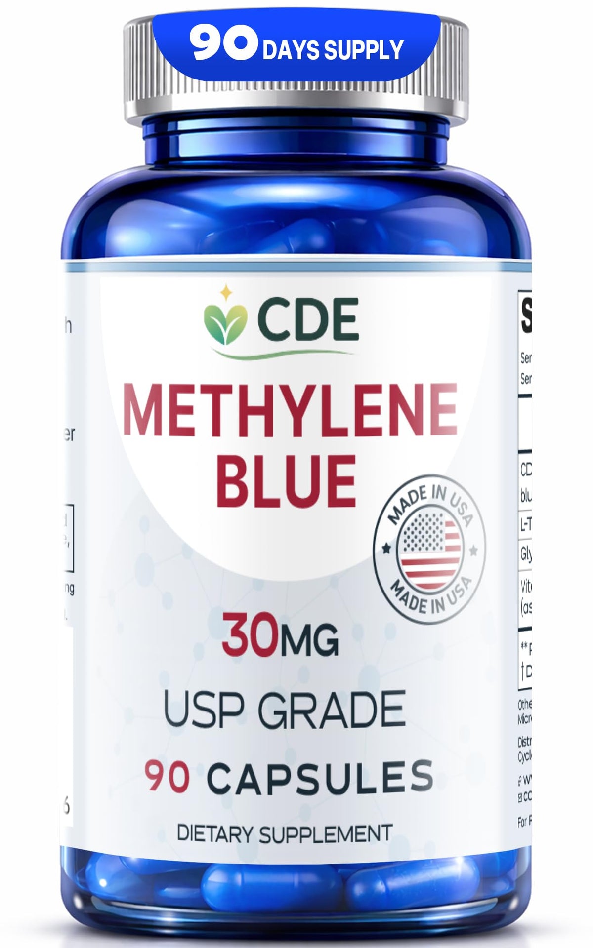 Flacon de capsules de bleu de méthylène CDE 30mg vue de face