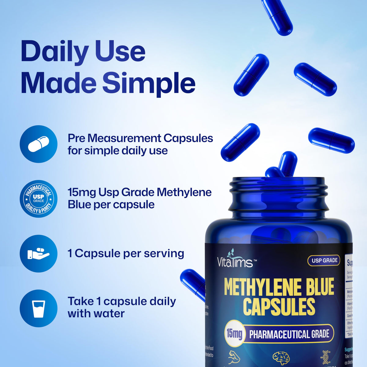 Flacon de capsules de bleu de méthylène Vitatims sur un fond blanc