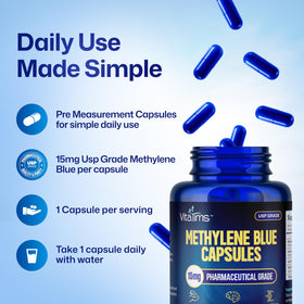 Flacon de capsules de bleu de méthylène Vitatims sur un fond blanc