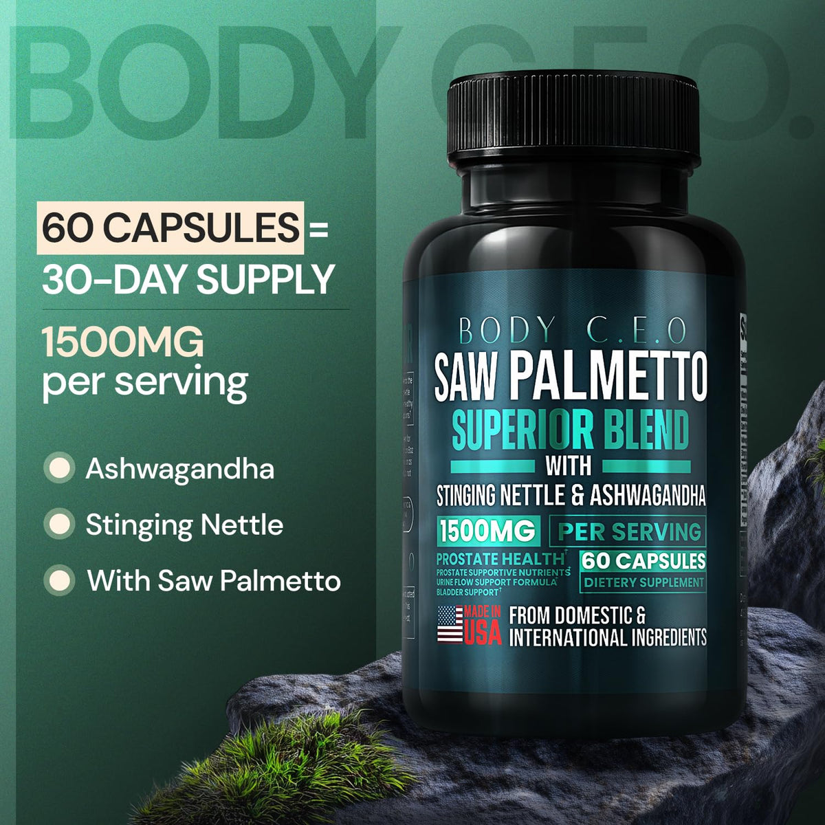 Flacon de capsules de BODY C.E.O. Saw Palmetto 1500mg