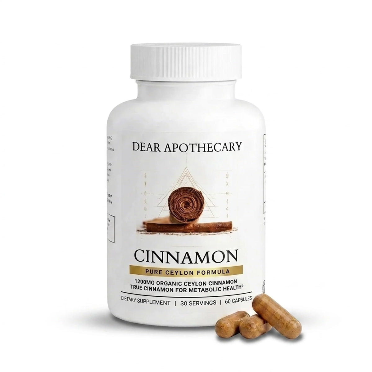 Flacon de capsules de cannelle de Ceylan 1200mg Dear Apothecary vue de face