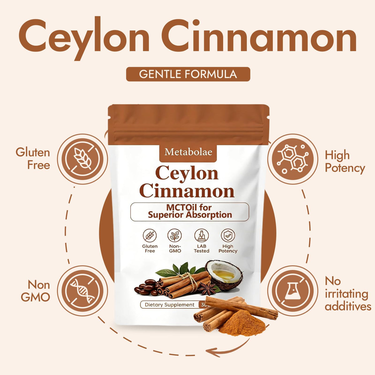 Flacon de capsules de cannelle de Ceylan a balanced routine avec étiquette