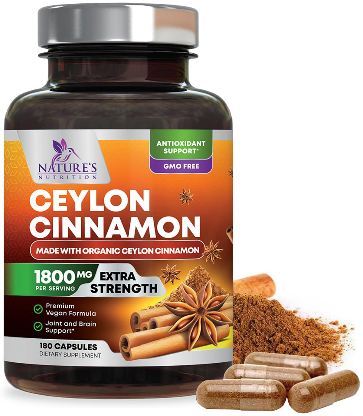 Flacon de capsules de cannelle de Ceylan bio Nature's Nutrition vue de face