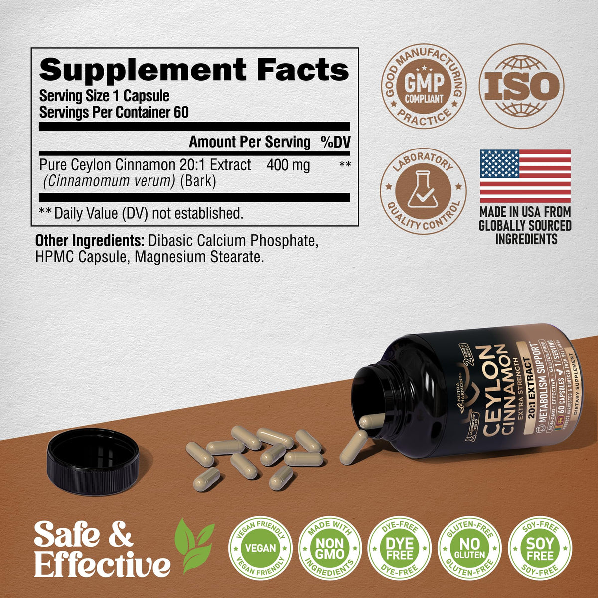 Flacon de capsules de cannelle de Ceylan NUTRAHARMONY sur un fond blanc