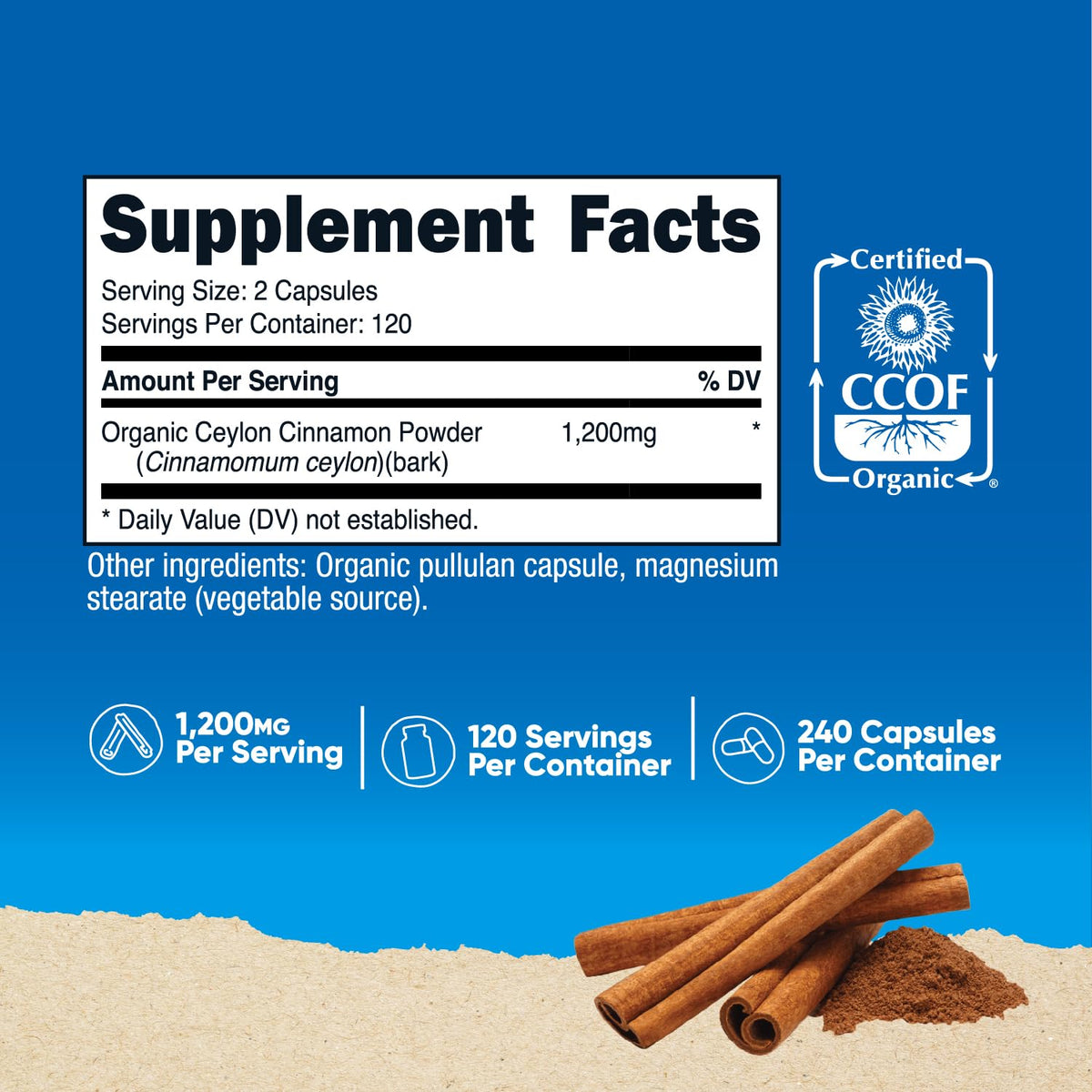 Flacon de capsules de cannelle de Ceylan Nutricost avec étiquette
