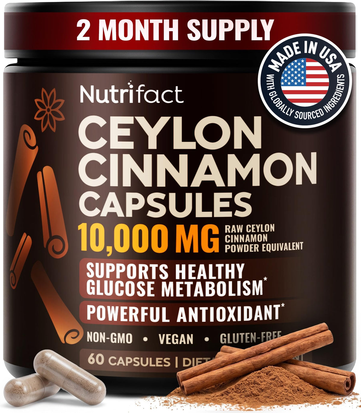 Flacon de capsules de cannelle de Ceylan NutriFact 500mg vue de face