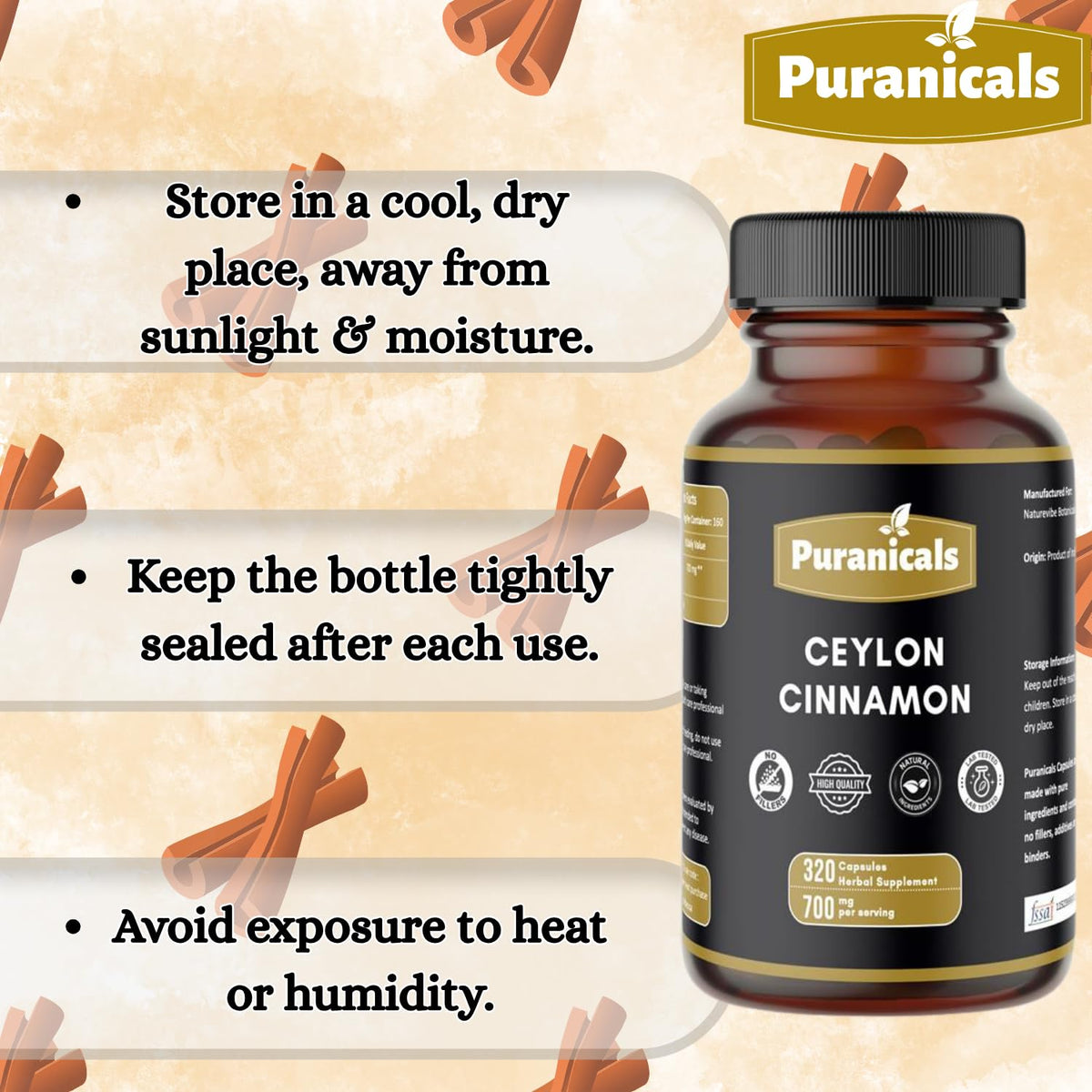 Flacon de capsules de Cannelle de Ceylan Puranicals ouvert
