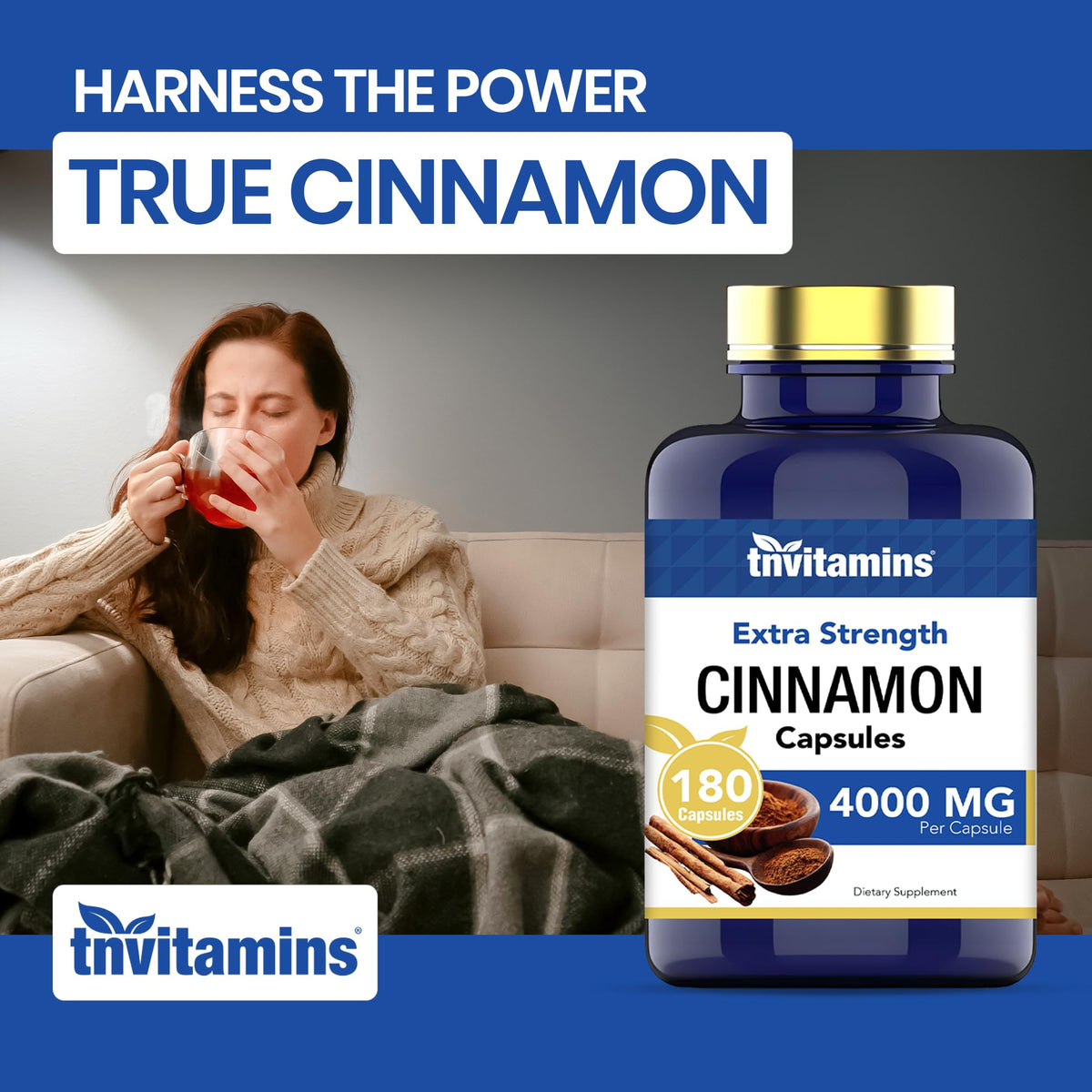 Flacon de capsules de cannelle tnvitamins avec étiquette