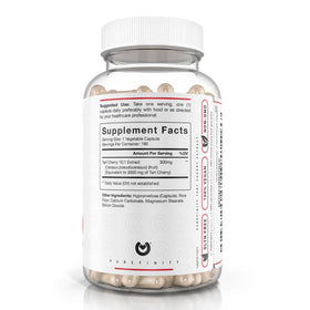 Flacon de capsules de cerise acide tartrique PUREFINITY sur un fond naturel.