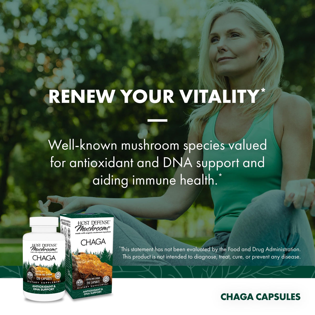 Flacon de capsules de Chaga Host Defense avec un fond naturel