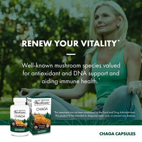 Flacon de capsules de Chaga Host Defense avec un fond naturel