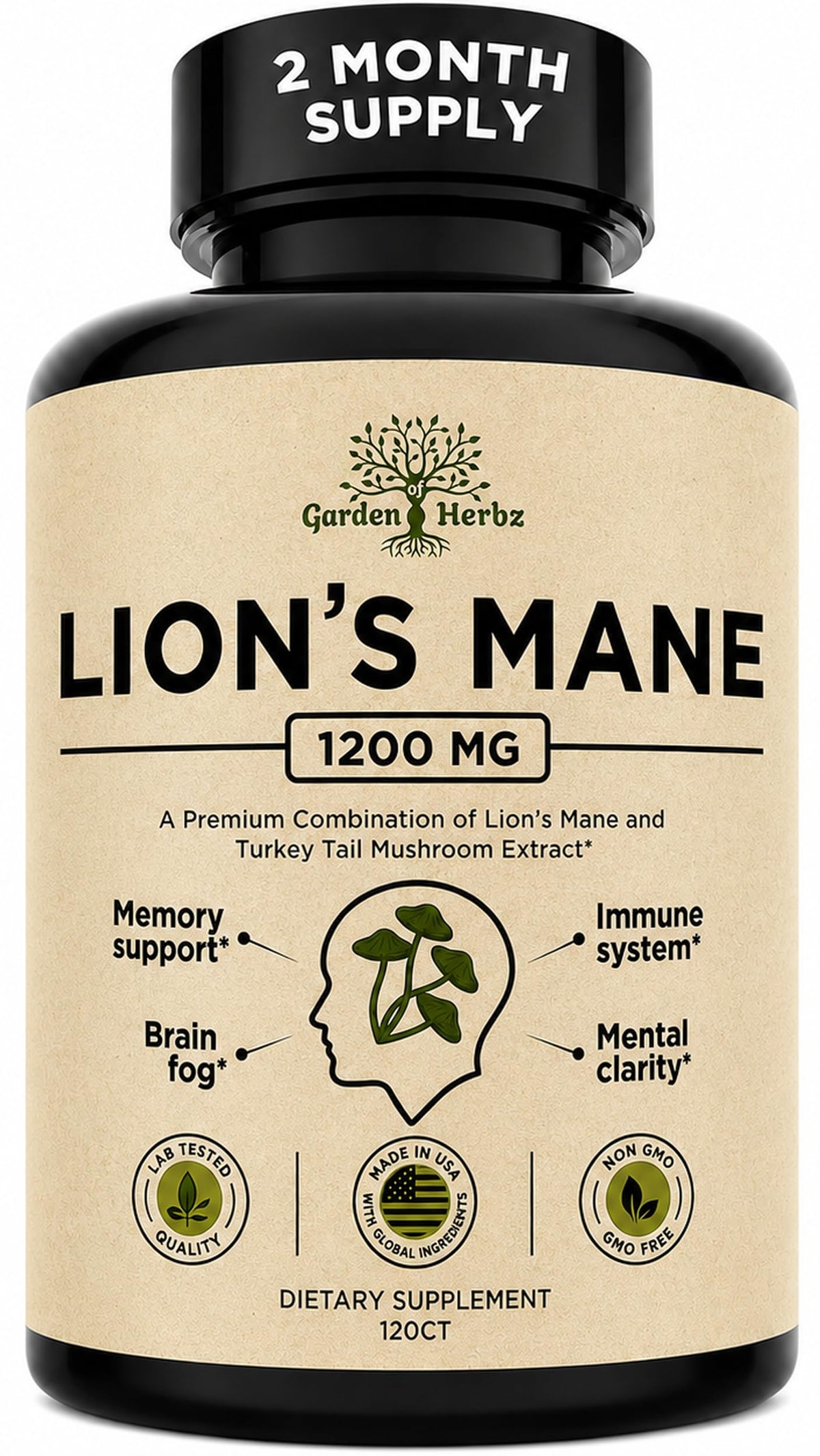 Flacon de capsules de champignon Crinière de Lion Garden of Herbz vue avant