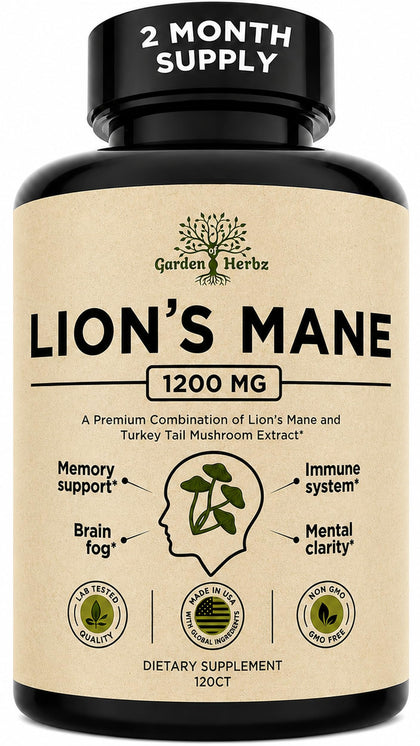 Flacon de capsules de champignon Crinière de Lion Garden of Herbz vue avant