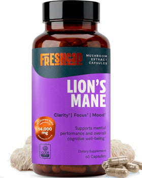 Flacon de capsules de champignon lion FreshCap avec étiquette visible