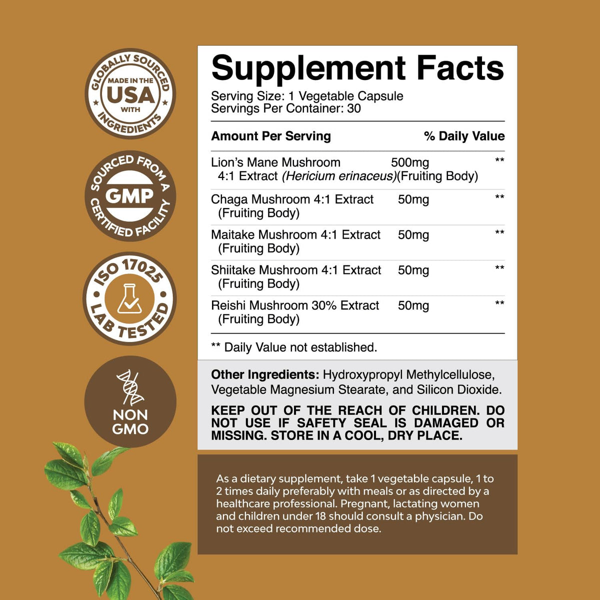 Flacon de capsules de champignon Lion's Mane ouvert avec capsules visibles